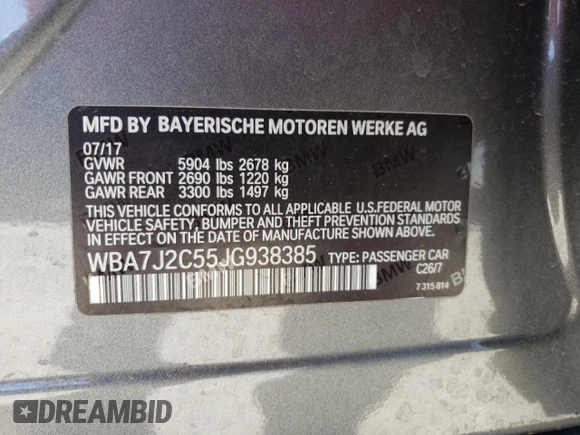 2018 BMW 7 Series 740e xDrive with VIN WBA7J2C55JG938385, listed as a Copart auction lot 49109985 with 81,567 mi miles and Salvage Title. Bid and sale history available at DreamBid. Image 14.