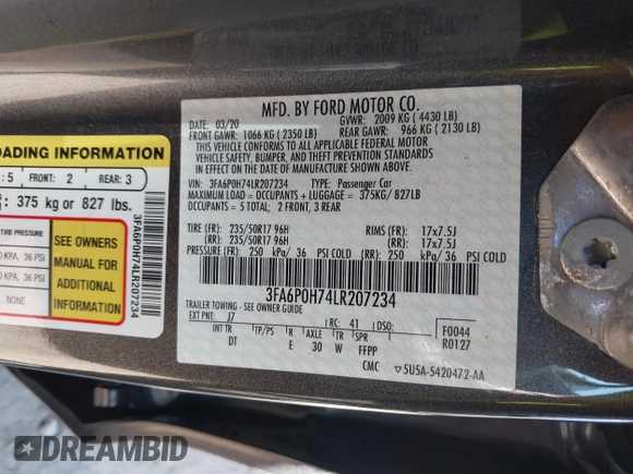 2020 Ford Fusion SE with VIN 3FA6P0H74LR207234, listed as a IAAI auction lot 41764169 with 94,518 mi miles. Bid and sale history available at carsss.com. Image 9.