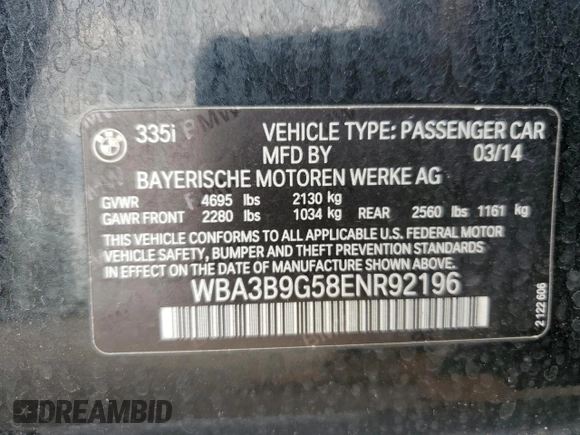 2014 BMW 3 Series 335i xDrive with VIN WBA3B9G58ENR92196, listed as a Copart auction lot 56124525 with 135,651 mi miles and Salvage title. Bid and sale history available at DreamBid. Image 12.
