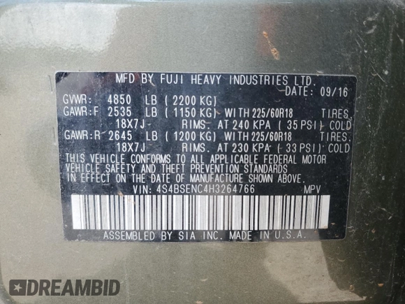 2017 Subaru Outback Limited with VIN 4S4BSENC4H3264766, listed as a Copart auction lot 64731595 with 126,243 mi miles and Salvage title. Bid and sale history available at DreamBid. Image 13.
