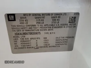 2013 GMC Terrain SLE with VIN 2GKALMEK7D6269675, listed as a Copart auction lot 77629194 with 176,977 mi miles and Salvage Title. Bid and sale history available at carsss.com. Image 13.