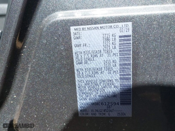 2019 Nissan Pathfinder SV with VIN 5N1DR2MM5KC612594, listed as a IAAI auction lot 41602287 with 53240 miles. Bid and sale history available at carsss.com. Image 9.