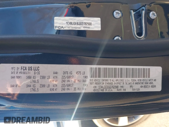 2016 Jeep Compass High Altitude Edition with VIN 1C4NJDEB3GD762908, listed as a IAAI auction lot 41883275 with 93,968 mi miles. Bid and sale history available at carsss.com. Image 9.