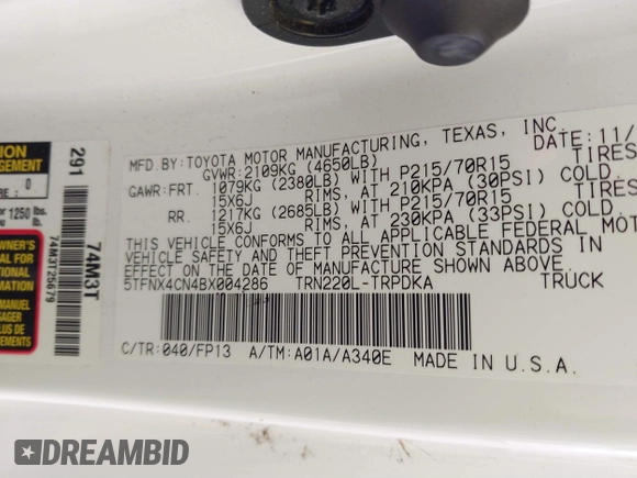 2011 Toyota Tacoma with VIN 5TFNX4CN4BX004286, listed as a IAAI auction lot 41808799 with 193,567 mi miles and . Bid and sale history available at DreamBid. Image 9.