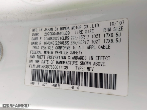 2008 Honda CR-V EX-L with VIN JHLRE38768C011139, listed as a IAAI auction lot 42091939 with 367,758 mi miles. Bid and sale history available at carsss.com. Image 9.