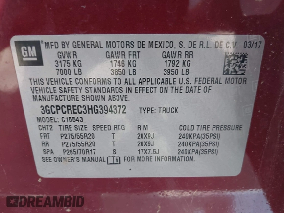 2017 Chevrolet Silverado 1500 LT with VIN 3GCPCREC3HG394372, listed as a IAAI auction lot 41948350 with 94,724 mi miles. Bid and sale history available at carsss.com. Image 9.