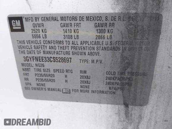 2012 Cadillac SRX Performance Collection with VIN 3GYFNEE33CS528697, listed as a IAAI auction lot 41374060 with 157,319 mi miles and . Bid and sale history available at DreamBid. Image 9.
