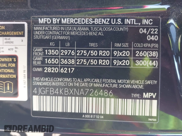 2022 Mercedes-Benz GLE 350 with VIN 4JGFB4KBXNA726486, listed as a IAAI auction lot 41736288 with 47,023 mi miles and . Bid and sale history available at DreamBid. Image 9.