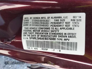 2014 Honda Odyssey EX-L z VIN 5FNRL5H64EB076088, wystawiony jako IAAI lot #42144781 z przebiegiem 174 135 mil mil oraz . Historia ofert i sprzedaży dostępna na DreamBid. Obrazek 9.