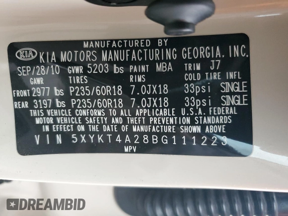2011 Kia Sorento LX with VIN 5XYKT4A28BG111223, listed as a Copart auction lot 51696095 with 173,775 mi miles and Salvage Title. Bid and sale history available at DreamBid. Image 14.