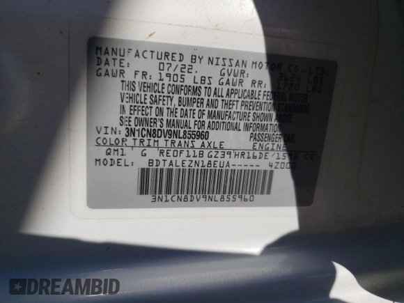 2022 Nissan Versa S with VIN 3N1CN8DV9NL855960, listed as a Copart auction lot 73830144 with Not provided miles and Salvage title. Bid and sale history available at DreamBid. Image 13.