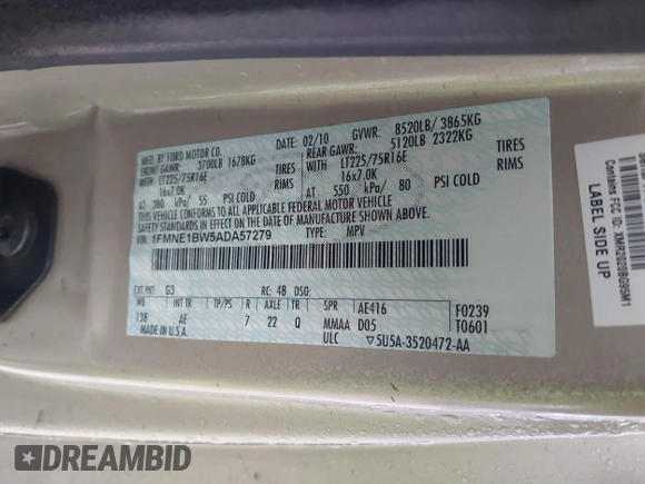 2010 Ford Econoline Passenger XL with VIN 1FMNE1BW5ADA57279, listed as a IAAI auction lot 41036937 with 259,841 mi miles and . Bid and sale history available at DreamBid. Image 9.