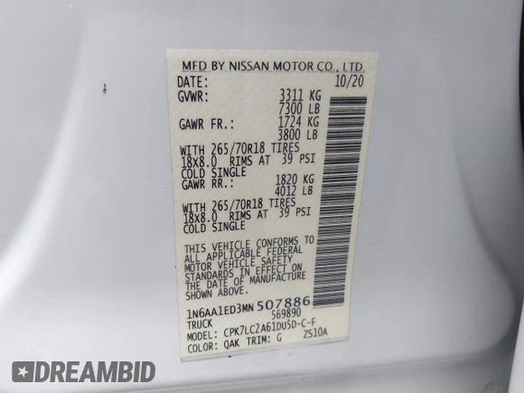 2021 Nissan Titan Pro-4X with VIN 1N6AA1ED3MN507886, listed as a IAAI auction lot 41533292 with 95,947 mi miles and . Bid and sale history available at DreamBid. Image 9.