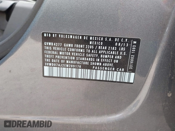2014 Volkswagen Jetta SE with VIN 3VWD07AJ2EM209176, listed as a IAAI auction lot 42460383 with 172,550 mi miles and . Bid and sale history available at DreamBid. Image 9.