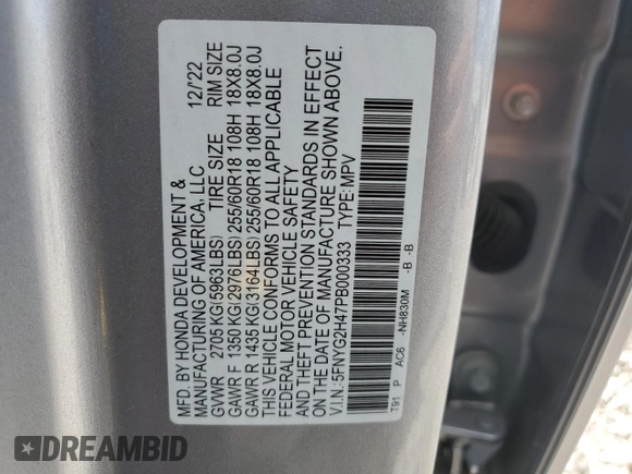 2023 Honda Pilot EX-L 8 Passenger with VIN 5FNYG2H47PB000333, listed as a Copart auction lot 61880844 with 0 mi miles and Salvage Title. Bid and sale history available at carsss.com. Image 13.