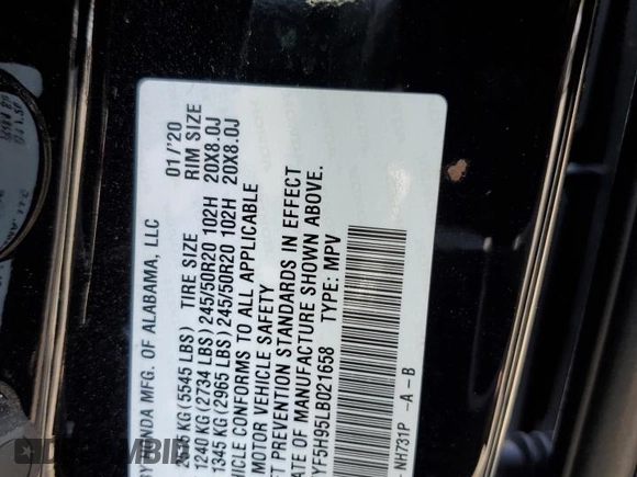 2020 Honda Pilot Touring 8-Passenger with VIN 5FNYF5H95LB021658, listed as a Copart auction lot 58878594 with 36,122 mi miles and Salvage Title. Bid and sale history available at DreamBid. Image 14.