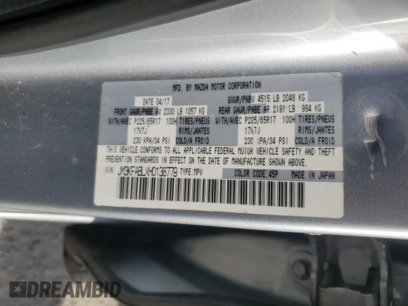 2017 Mazda CX-5 Sport with VIN JM3KFABLXH0138779, listed as a Copart auction lot 54760505 with 0 mi miles and Clean Title. Bid and sale history available at carsss.com. Image 14.