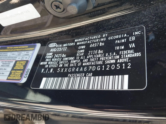 2013 Kia Optima SX with VIN 5XXGR4A67DG120512, listed as a IAAI auction lot 42585649 with 52,436 mi miles and . Bid and sale history available at DreamBid. Image 9.
