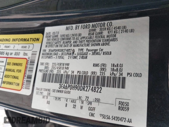 2013 Ford Fusion SE with VIN 3FA6P0H90DR274822, listed as a IAAI auction lot 42386000 with 142,342 mi miles and . Bid and sale history available at DreamBid. Image 9.