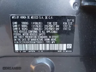 2016 Honda HR-V LX with VIN 3CZRU6H30GM758841, listed as a IAAI auction lot 41337703 with 131,375 mi miles. Bid and sale history available at carsss.com. Image 9.