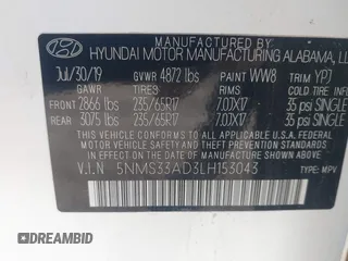 2020 Hyundai Santa Fe SEL w/SULEV with VIN 5NMS33AD3LH153043, listed as a IAAI auction lot 41733954 with 114,206 mi miles. Bid and sale history available at carsss.com. Image 9.