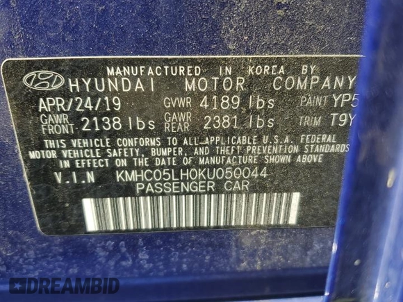 2019 Hyundai Ioniq Limited z VIN KMHC05LH0KU050044, wystawiony jako Copart lot #69305464 z przebiegiem 59 059 mil mil oraz Szkoda całkowita • Salvage title. Historia ofert i sprzedaży dostępna na DreamBid. Obrazek 13.