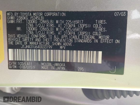 2004 Lexus RX 330 with VIN JTJHA31U640033199, listed as a IAAI auction lot 41990408 with 199,160 mi miles and . Bid and sale history available at DreamBid. Image 9.