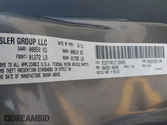 2012 FIAT 500 Pop with VIN 3C3CFFAR1CT126455, listed as a IAAI auction lot 42583517 with 93,103 mi miles and . Bid and sale history available at DreamBid. Image 9.