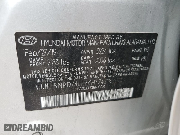 2019 Hyundai Elantra SE with VIN 5NPD74LF2KH474218, listed as a Copart auction lot 43427075 with 101,681 mi miles and Salvage Title. Bid and sale history available at DreamBid. Image 12.