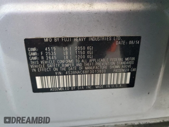 2015 Subaru Legacy Premium with VIN 4S3BNAC68F3013800, listed as a Copart auction lot 65273825 with 120,855 mi miles and Salvage title. Bid and sale history available at DreamBid. Image 13.