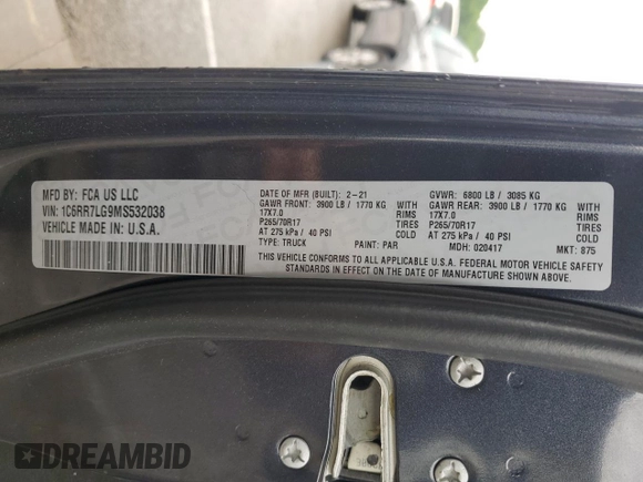 2021 Ram 1500 SLT z VIN 1C6RR7LG9MS532038, wystawiony jako Copart lot #57437055 z przebiegiem 71 167 mil mil oraz Szkoda całkowita • Salvage title. Historia ofert i sprzedaży dostępna na DreamBid. Obrazek 12.