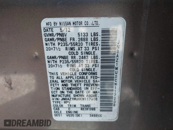 2012 Nissan Murano S with VIN JN8AZ1MU0CW117208, listed as a IAAI auction lot 41488470 with Not Provided miles and . Bid and sale history available at DreamBid. Image 9.