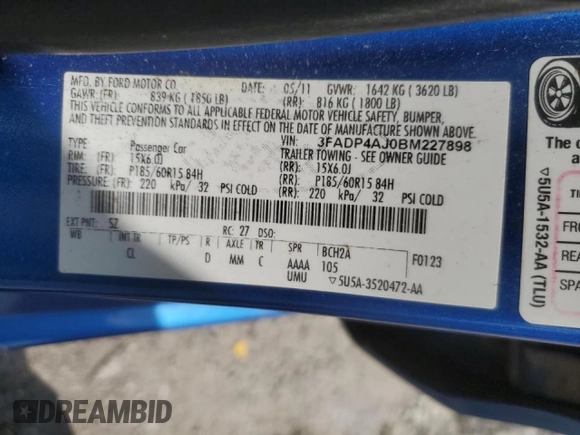 2011 Ford Fiesta S with VIN 3FADP4AJ0BM227898, listed as a Copart auction lot 61448165 with 188,045 mi miles and Salvage title. Bid and sale history available at DreamBid. Image 12.