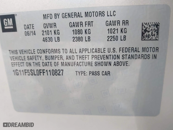 2015 Chevrolet Malibu LTZ with VIN 1G11F5SL0FF110827, listed as a IAAI auction lot 41932211 with 117,251 mi miles. Bid and sale history available at carsss.com. Image 9.