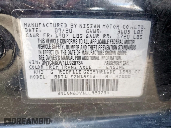2020 Nissan Versa S z VIN 3N1CN8DV1LL920734, wystawiony jako Copart lot #54471725 z przebiegiem 64 923 mil mil oraz Szkoda całkowita • Salvage title. Historia ofert i sprzedaży dostępna na DreamBid. Obrazek 13.