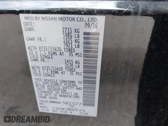 2017 Infiniti QX60 with VIN 5N1DL0MM0HC501577, listed as a IAAI auction lot 41887364 with 124,602 mi miles and . Bid and sale history available at DreamBid. Image 9.