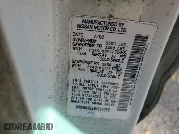 2003 Infiniti QX4 with VIN JNRDR09X33W250292, listed as a Copart auction lot 56020474 with 260,391 mi miles and Clean Title. Bid and sale history available at DreamBid. Image 12.
