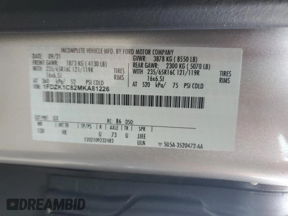 2021 Ford Transit Passenger XL with VIN 1FDZK1C82MKA81226, listed as a Copart auction lot 76893224 with 22,679 mi miles and Salvage Title. Bid and sale history available at DreamBid. Image 16.