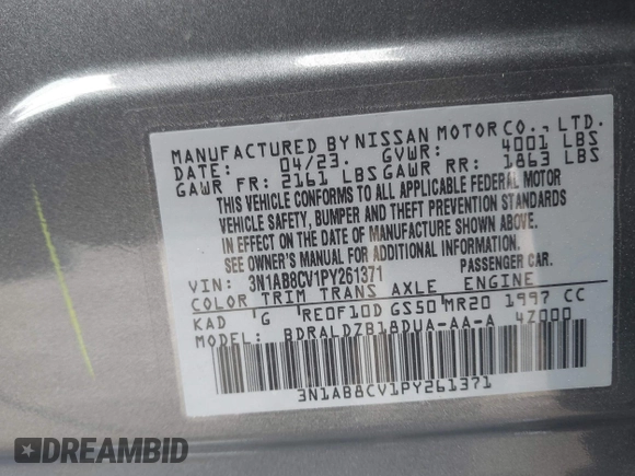 2023 Nissan Sentra SV with VIN 3N1AB8CV1PY261371, listed as a IAAI auction lot 41947492 with 39,764 mi miles and . Bid and sale history available at DreamBid. Image 9.