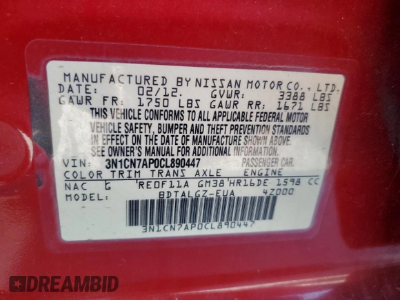2012 Nissan Versa SV with VIN 3N1CN7AP0CL890447, listed as a Copart auction lot 52793785 with 153,427 mi miles and Salvage Title. Bid and sale history available at carsss.com. Image 12.