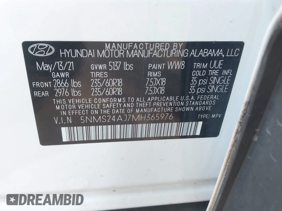 2021 Hyundai Santa Fe Essential with VIN 5NMS24AJ7MH365976, listed as a IAAI auction lot 41393729 with 72,149 mi miles. Bid and sale history available at carsss.com. Image 9.