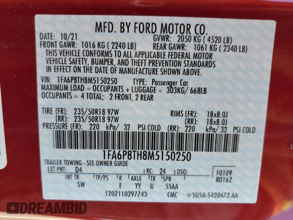 2021 Ford Mustang EcoBoost with VIN 1FA6P8TH8M5150250, listed as a Copart auction lot 38805533 with 23,804 mi miles. Bid and sale history available at carsss.com. Image 13.