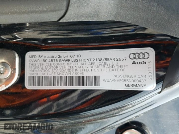 2011 Audi R8 z VIN WUAVNAFG5BN000487, wystawiony jako Copart lot #53643794 z przebiegiem 43 170 mil mil oraz Tytuł czysty. Historia ofert i sprzedaży dostępna na DreamBid. Obrazek 12.