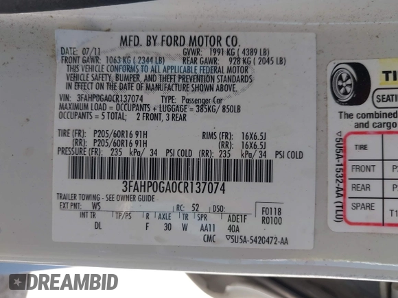 2012 Ford Fusion S with VIN 3FAHP0GA0CR137074, listed as a IAAI auction lot 41756162 with 165,205 mi miles. Bid and sale history available at carsss.com. Image 9.