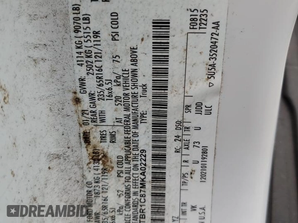 2021 Ford Transit Cargo with VIN 1FTBR1C87MKA02229, listed as a Copart auction lot 74994774 with Not Provided miles and Non Repairable. Bid and sale history available at DreamBid. Image 14.