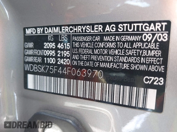 2004 Mercedes-Benz SL 500 z VIN WDBSK75F44F063970, wystawiony jako IAAI lot #42301998 z przebiegiem 108 480 mil mil oraz . Historia ofert i sprzedaży dostępna na DreamBid. Obrazek 9.