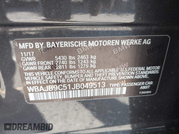 2018 BMW 5 Series M550i xDrive with VIN WBAJB9C51JB049513, listed as a IAAI auction lot 41146990 with 51,218 mi miles. Bid and sale history available at carsss.com. Image 9.