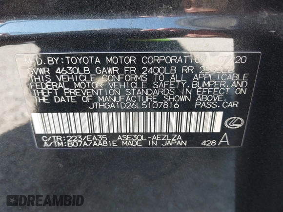 2020 Lexus IS 300 F Sport z VIN JTHGA1D26L5107816, wystawiony jako IAAI lot #42088077 z przebiegiem 45 169 mil mil oraz . Historia ofert i sprzedaży dostępna na DreamBid. Obrazek 9.