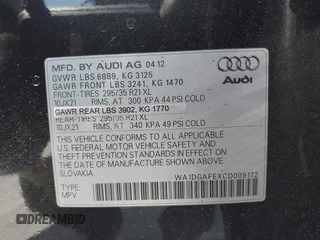 2012 Audi Q7 3.0T S line with VIN WA1DGAFEXCD009172, listed as a IAAI auction lot 42029533 with 105,815 mi miles. Bid and sale history available at carsss.com. Image 9.
