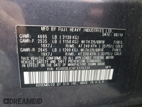 2015 Subaru Outback Limited with VIN 4S4BSBJC6F3220334, listed as a Copart auction lot 52167045 with 152,731 mi miles and Salvage Title. Bid and sale history available at DreamBid. Image 12.